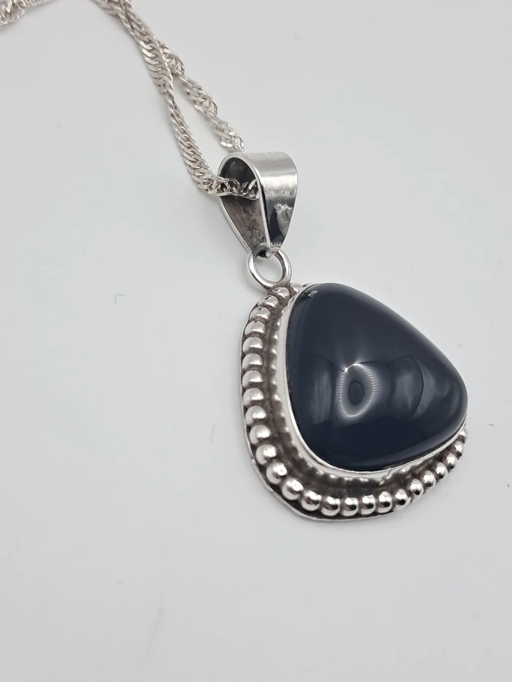 Vintage Navajo Sterling Silver & Black Onyx Triangle Pendant Necklace with Chain